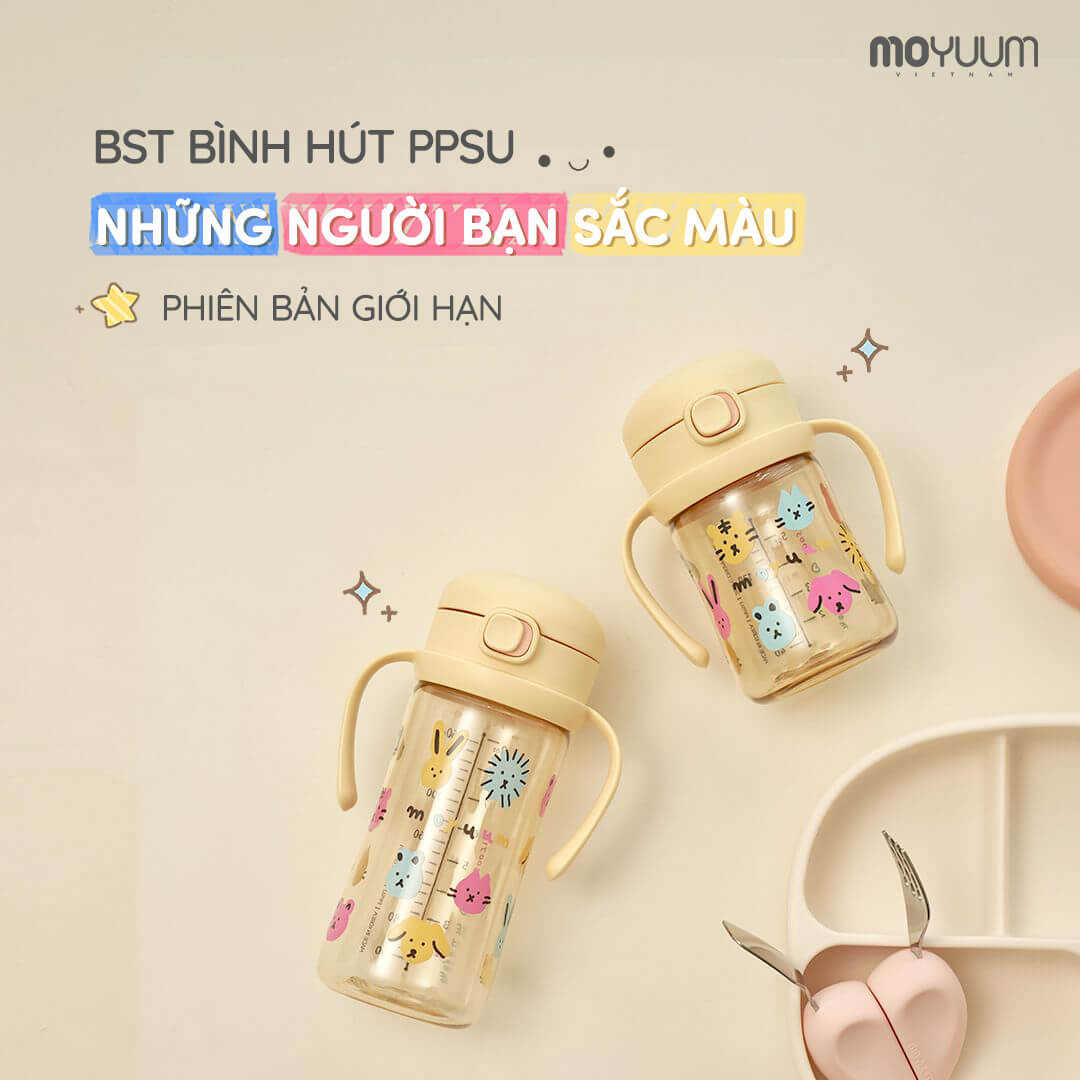 Bình Tập Hút Cho Bé Moyuum Nắp Bật Họa Tiết Mèo 170ML / 270ML Chính Hãng Hàn Quốc - Hình ảnh 2