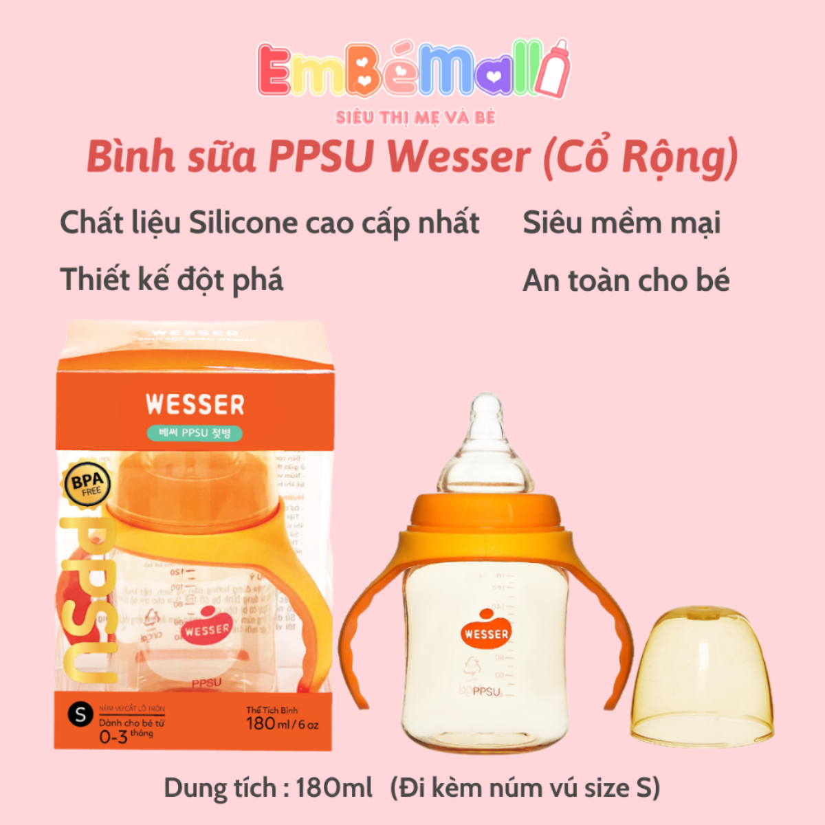 Bình Sữa Wesser PPSU Cổ Rộng Mẫu Mới 180ml / 260ml - Hình ảnh 4