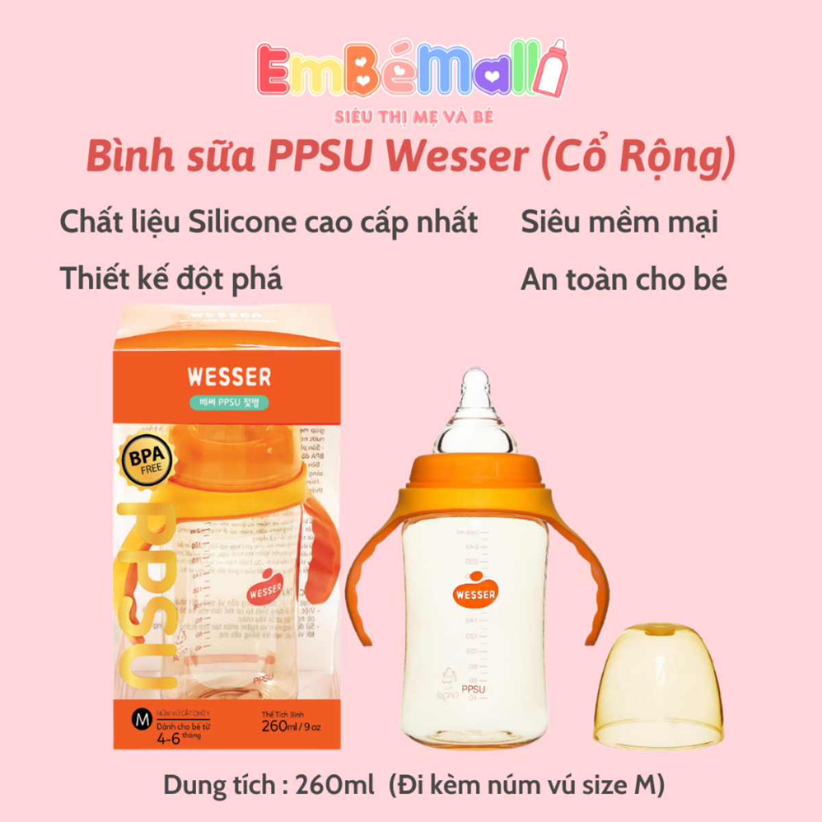 Bình Sữa Wesser PPSU Cổ Rộng Mẫu Mới 180ml / 260ml - Hình ảnh 3
