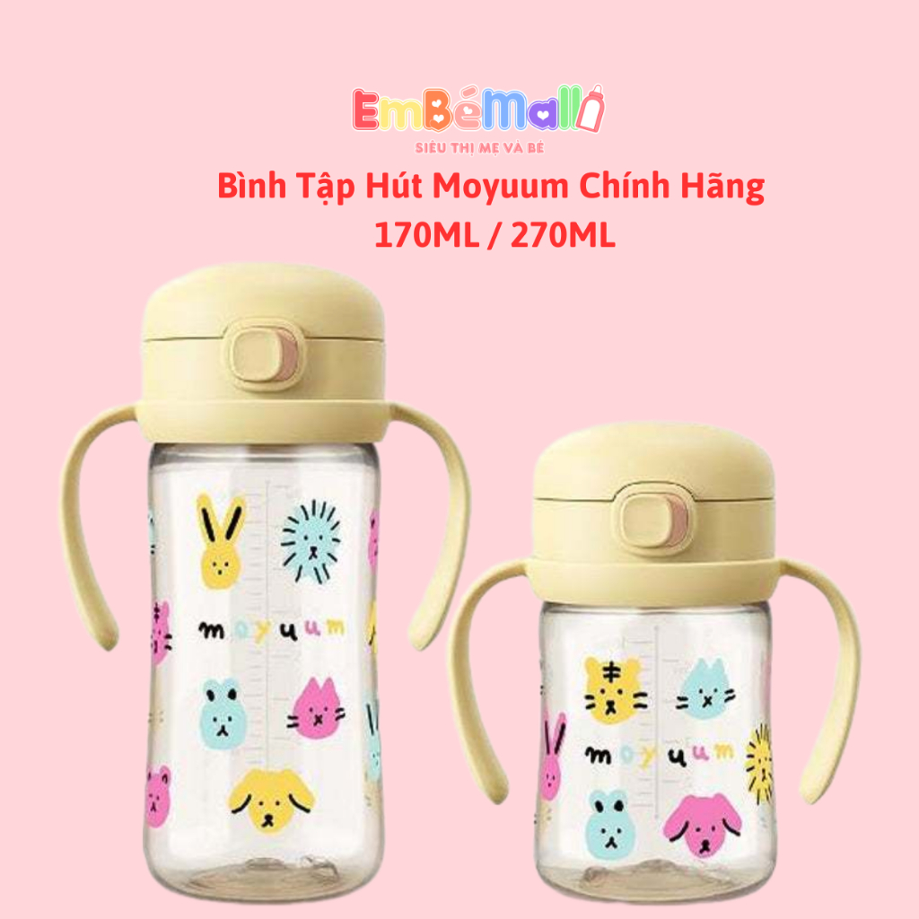 Bình Tập Hút Cho Bé Moyuum Nắp Bật Họa Tiết Mèo 170ML / 270ML Chính Hãng Hàn Quốc