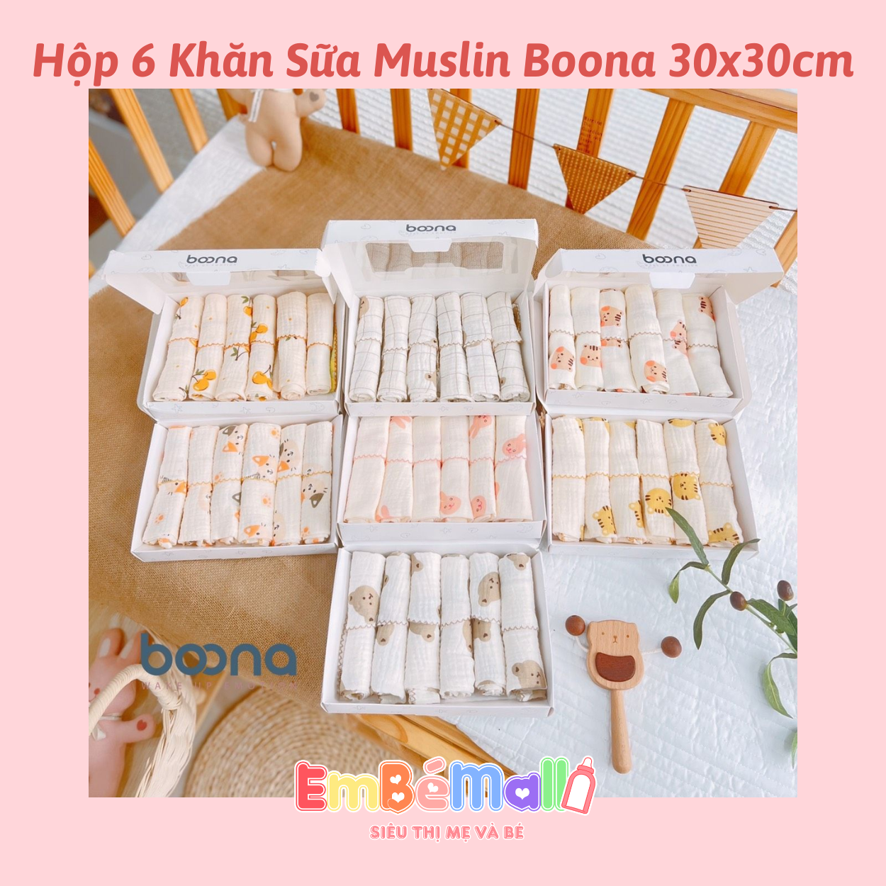 Hộp 6 Khăn Sữa Muslin Boona 30x30cm - Hình ảnh 3