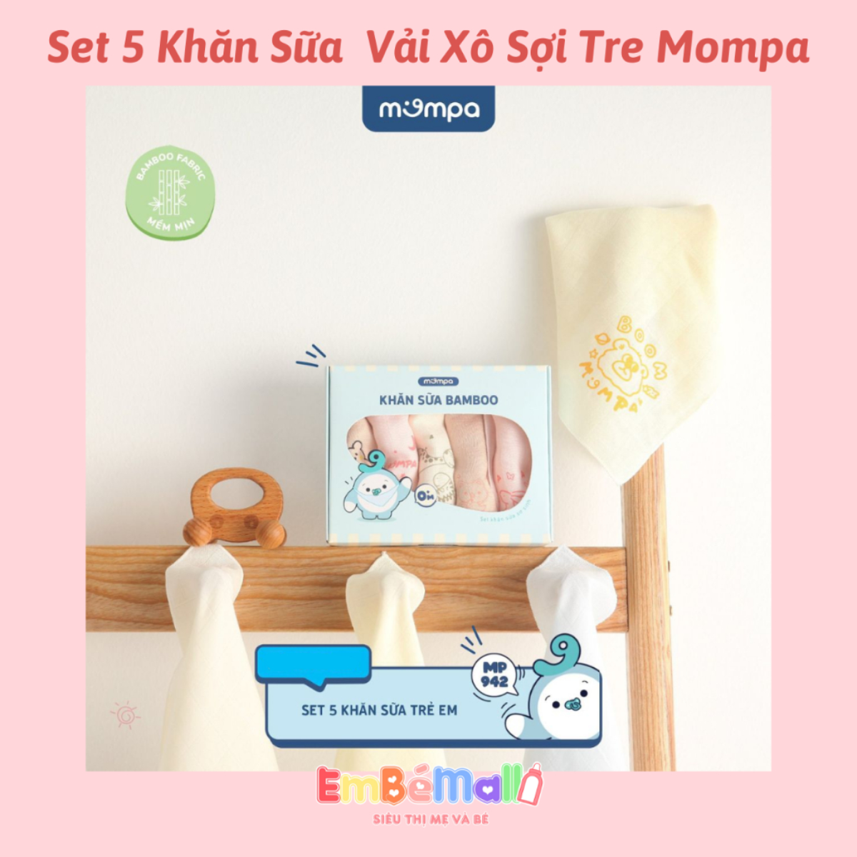 Set 5 Khăn Sữa Sợi Tre Mompa chất mềm mịn, họa tiết đáng yêu cho bé trai và bé gái