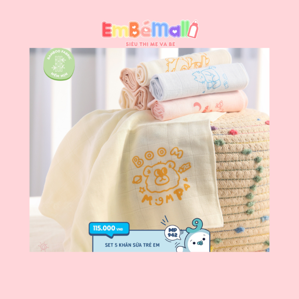 Set 5 Khăn Sữa Sợi Tre Mompa chất mềm mịn, họa tiết đáng yêu cho bé trai và bé gái - Hình ảnh 2