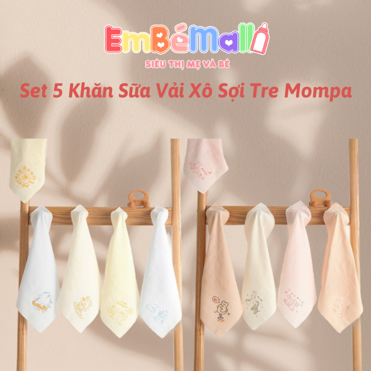 Set 5 Khăn Sữa Sợi Tre Mompa chất mềm mịn, họa tiết đáng yêu cho bé trai và bé gái - Hình ảnh 3