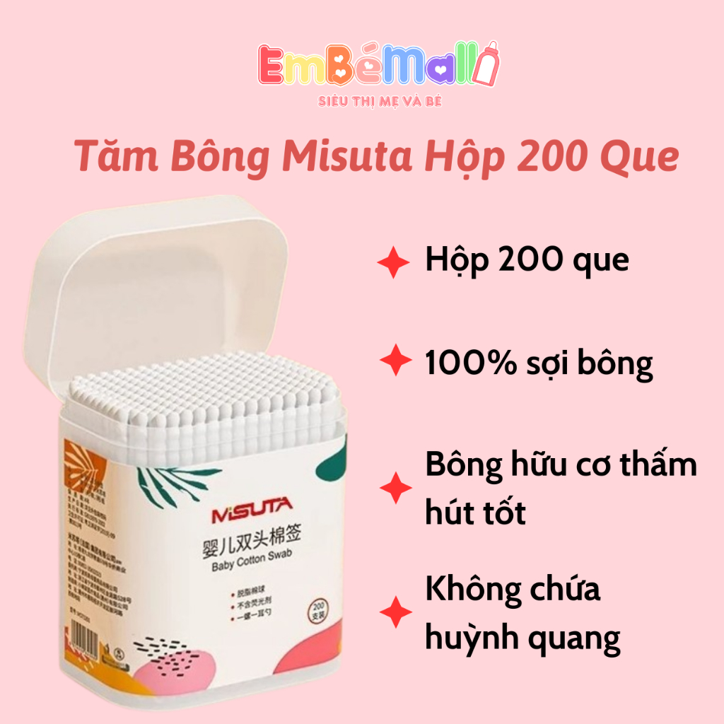 Tăm Bông Trẻ Em V-Coool | Misuta . Hộp 200 Que, Bông Tự Nhiên, An Toàn Tuyệt Đối Khi Dùng Cho Bé