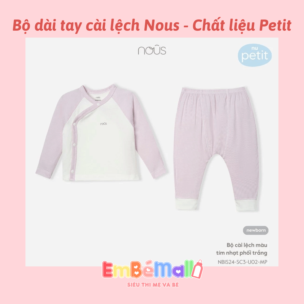 Bộ quần áo sơ sinh cài lệch Nous phối màu dành cho bé trai, bé gái chất liệu Nu Petit kháng khuẩn - Hình ảnh 3