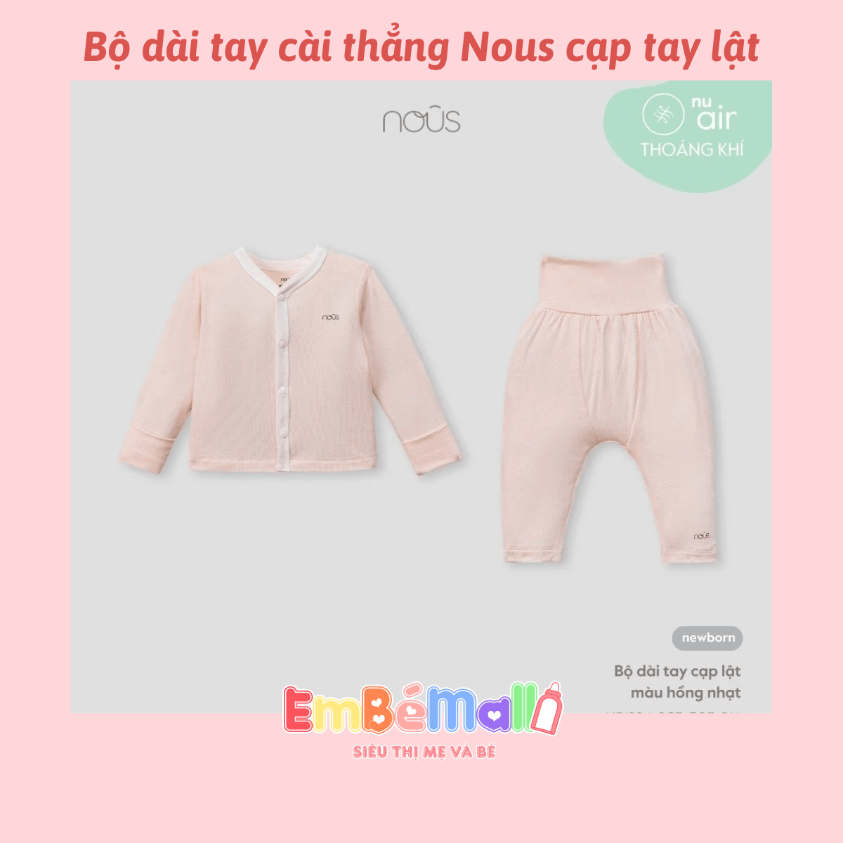 Bộ quần áo cài thẳng dài tay Nous in họa tiết cạp tay lật dành cho bé sơ sinh (NB <5kg)