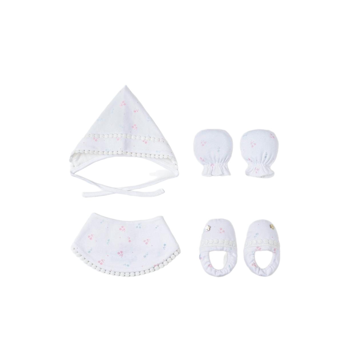 Set Phụ Kiện Mũ, Bao Tay Bao Chân, Yếm Màu Trắng In hình Cherries Nous dễ thương cho bé gái